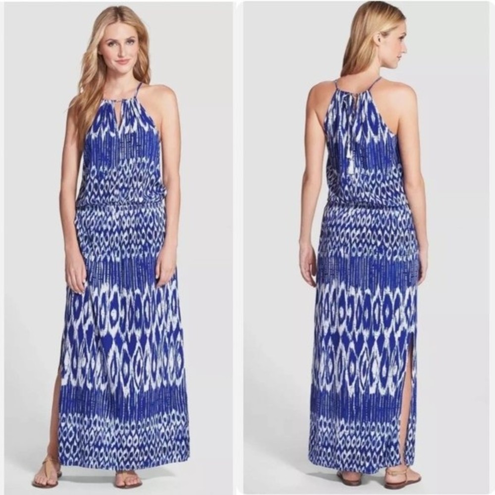 Tommy Bahama Blue White Tie Dye Batik Maxi Dress w/ Tassels Size S